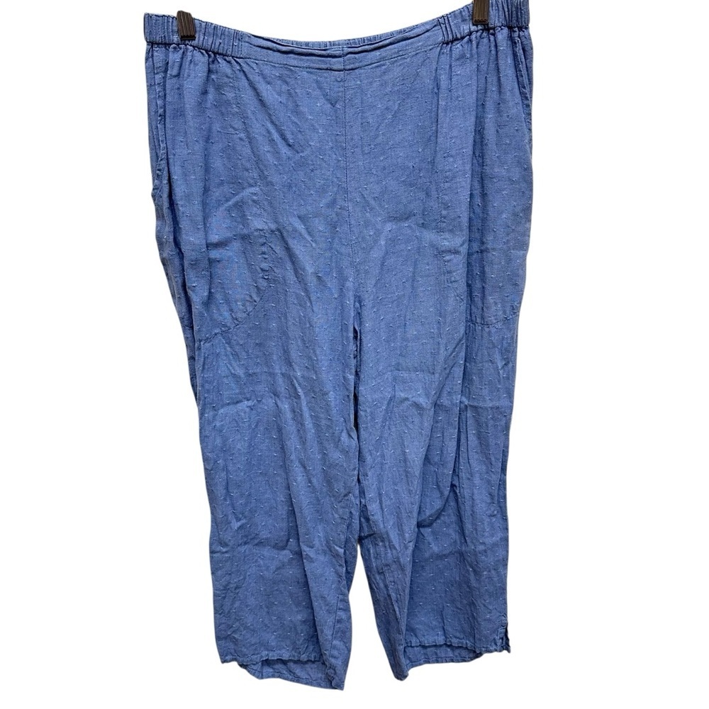 Flax women’s linen Capri pants blue Swiss dot pull on comfy casual travel medium